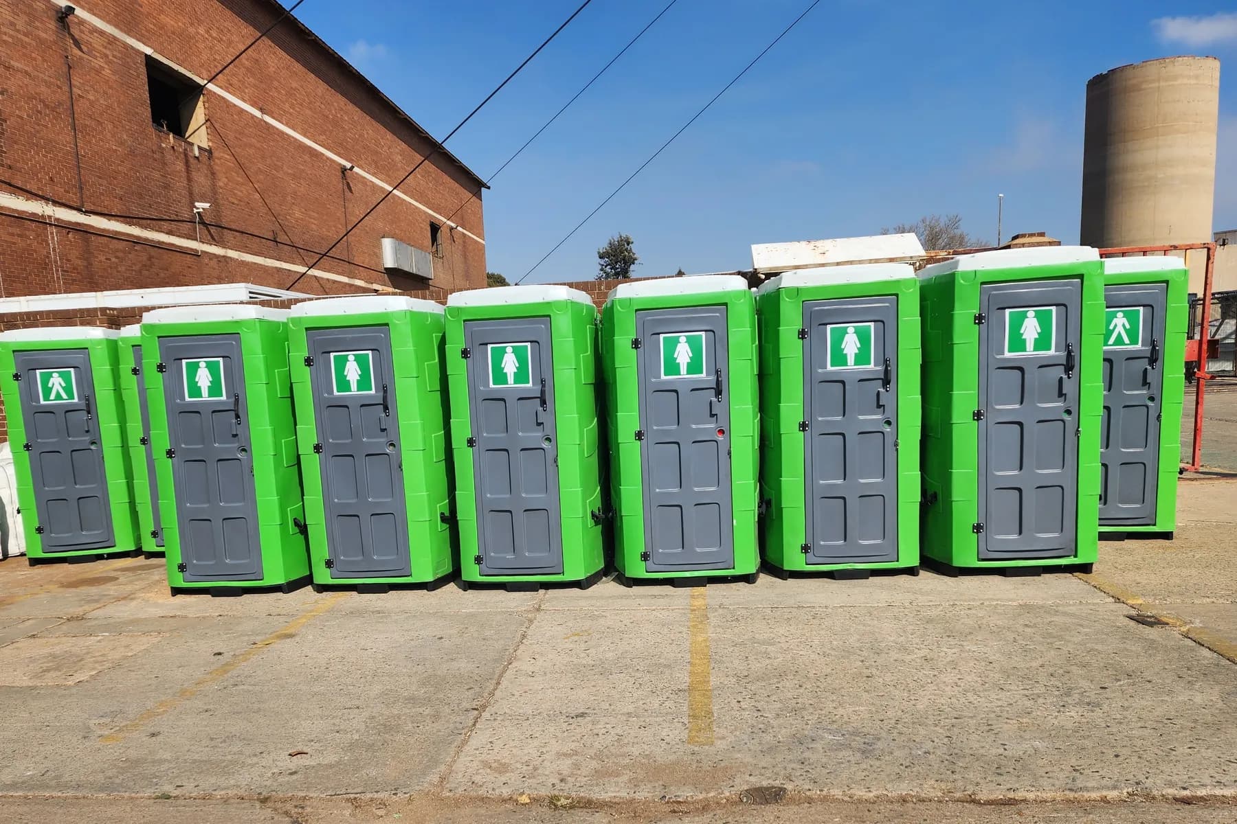 Hire toilets lined up and ready to go out